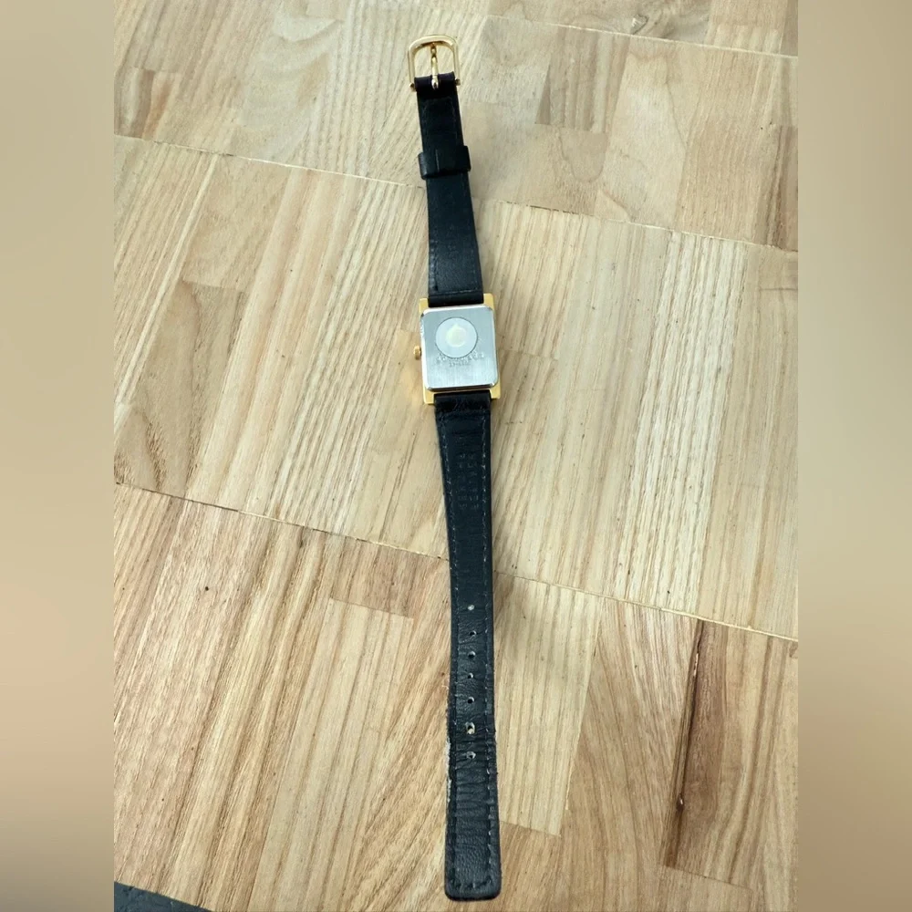 Citizen Quartz ladies tank rectangular gold tone black leather watch NEW BATTERY